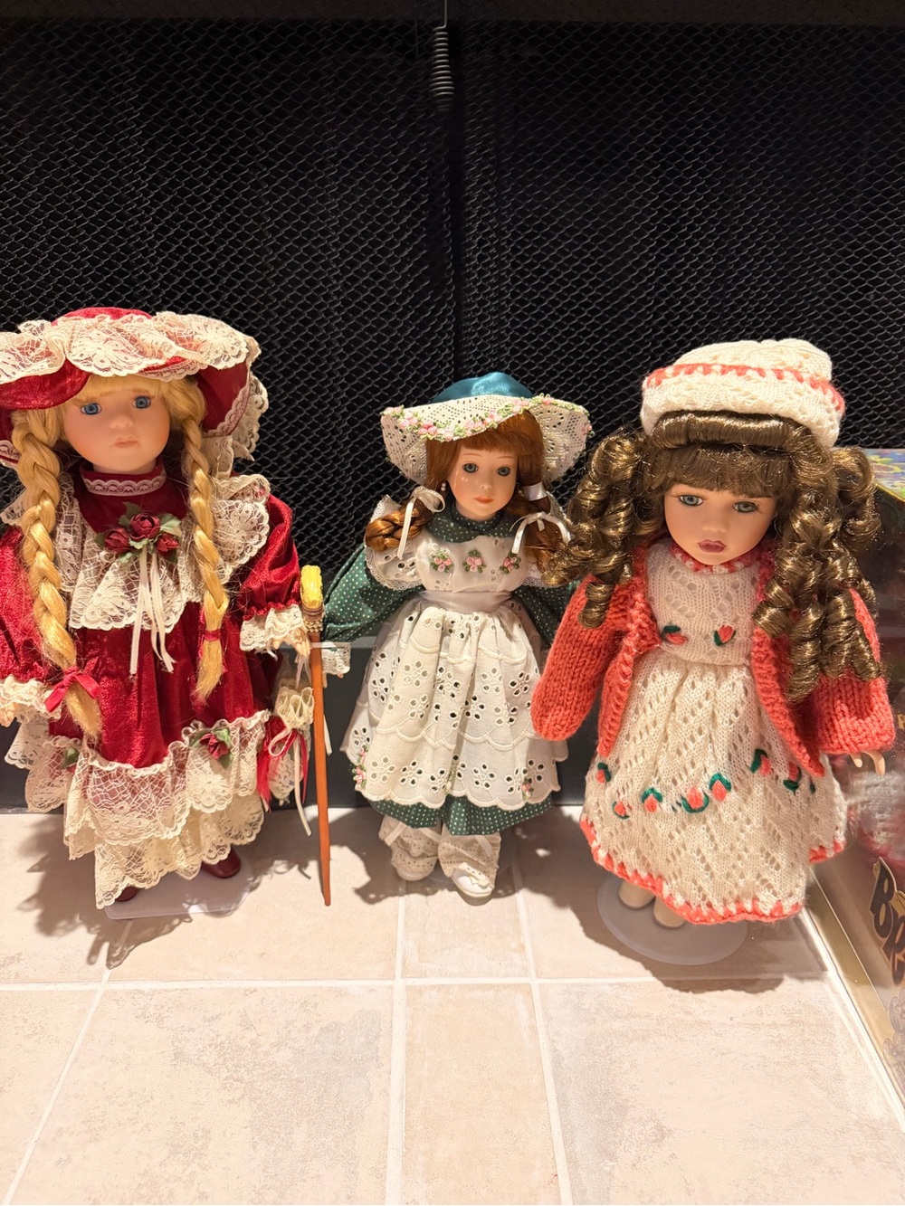 Porcelain Collectible Doll Set - Red, Green, Cream